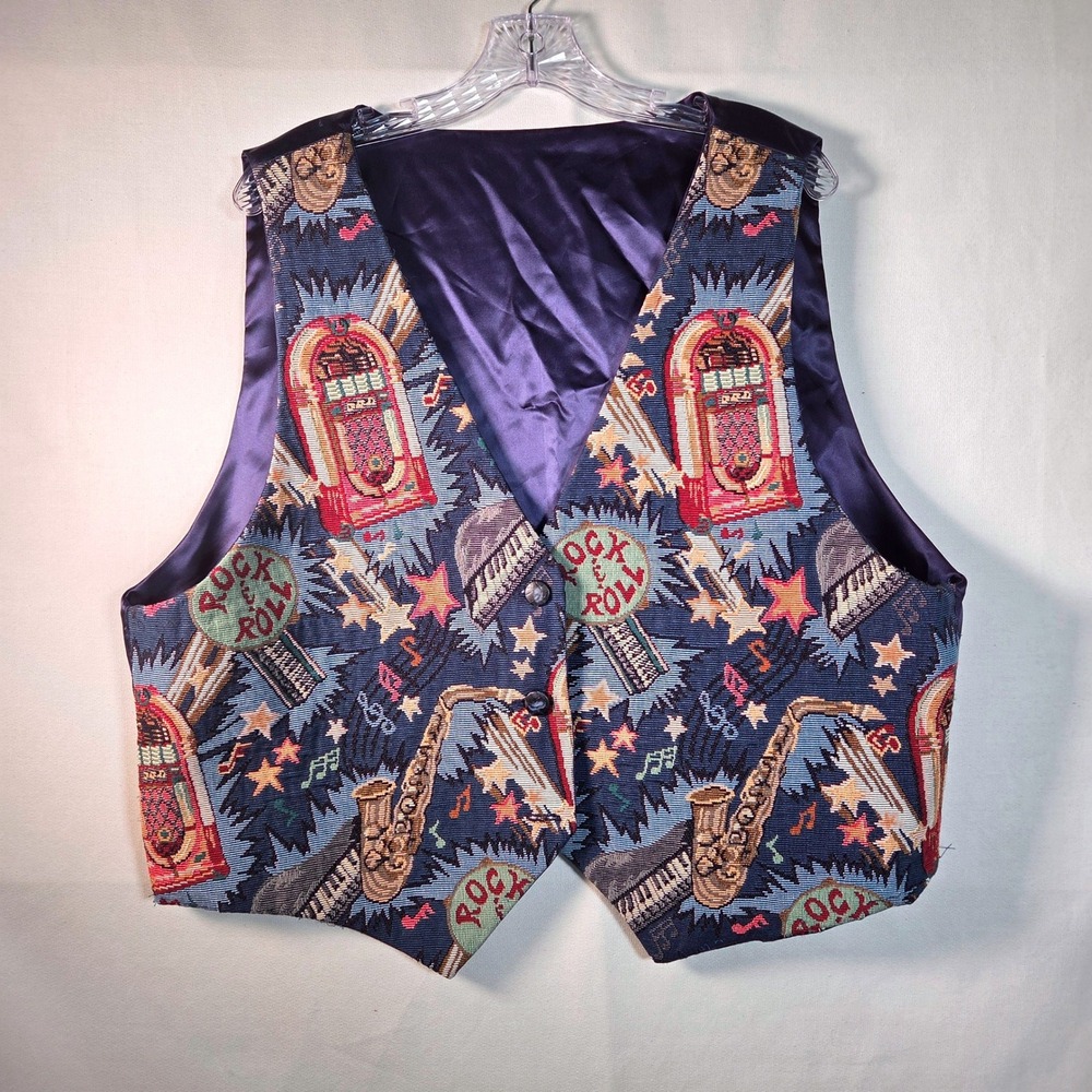 Vintage 90s Rock and Roll Tapestry Vest Jukebox Art Deco Retro Y2K Art Teacher